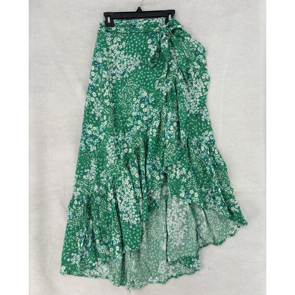 No Boundaries Wrap Skirt S Boho Grn Floral Asymmetrical Tie Waist Hippie Whimsy